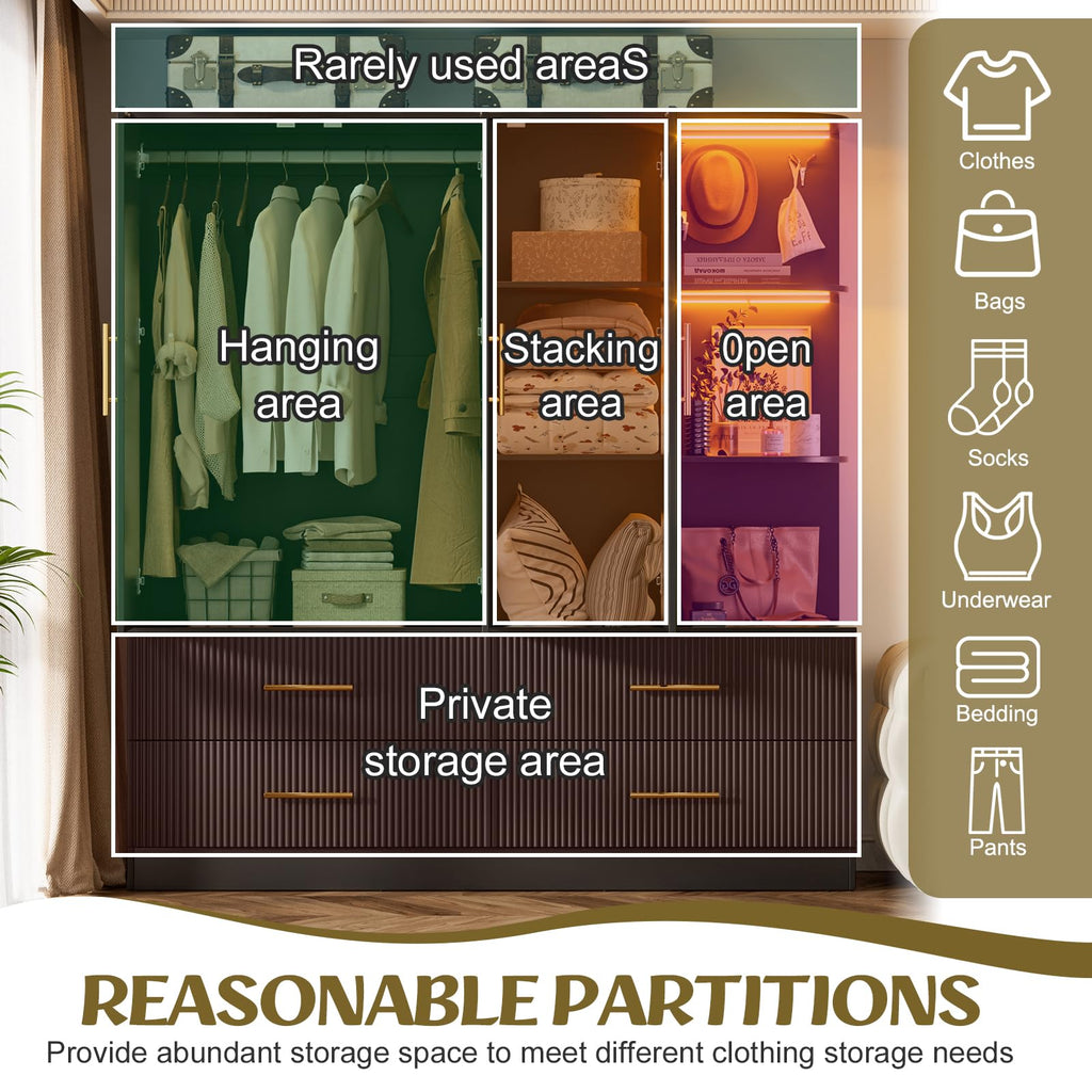 Armoire Wardrobe Closet with 3 Door, Mirror, LED Lights