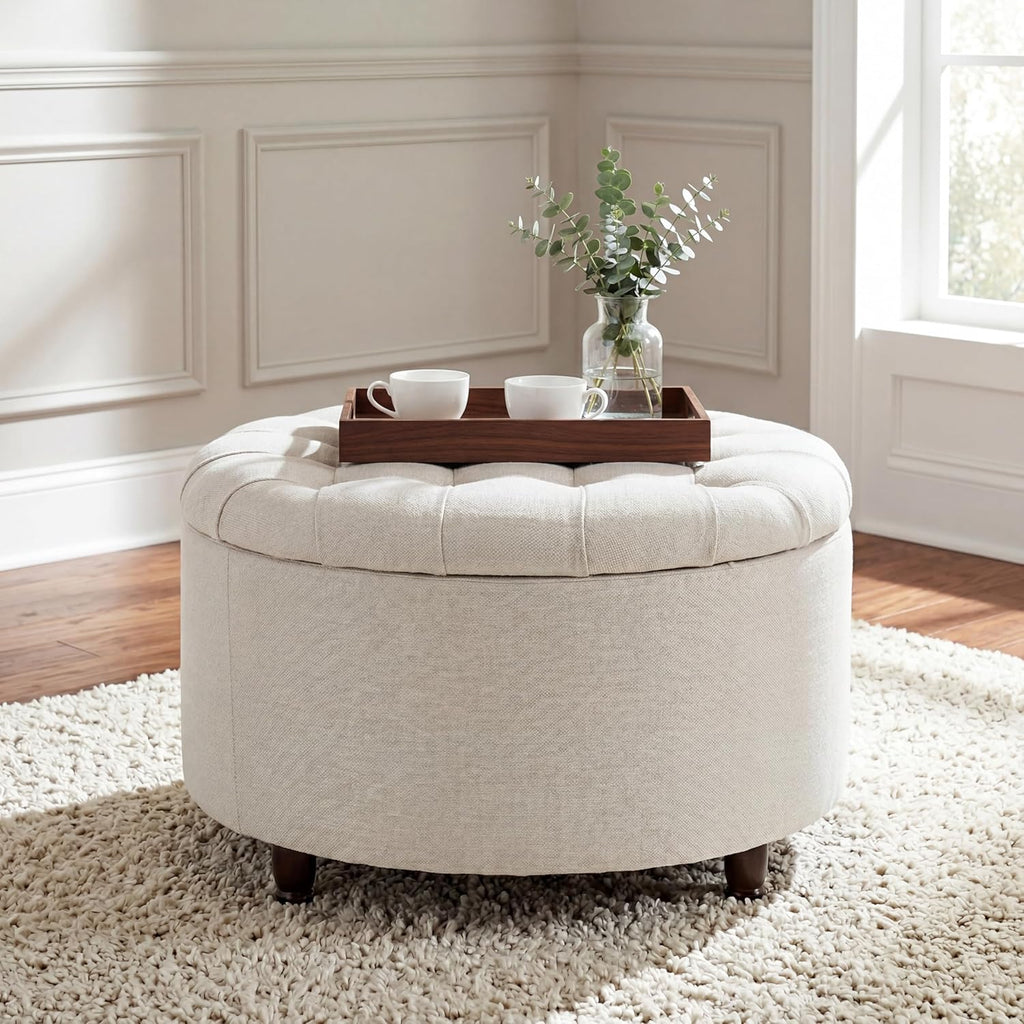 28" Round Storage Ottoman, Tufted Coffee Table ,Beige | Chenille Upholstered Footrest with Removable-Top & Wood Leg
