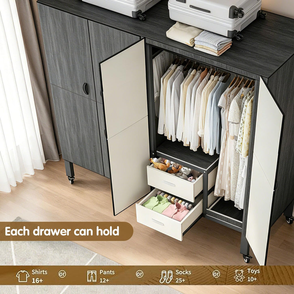 Heavy Duty Clothes Rack with Cover, Foldable Portable Wardrobe Closet with Drawers, Rolling Black Metal Garment Rack