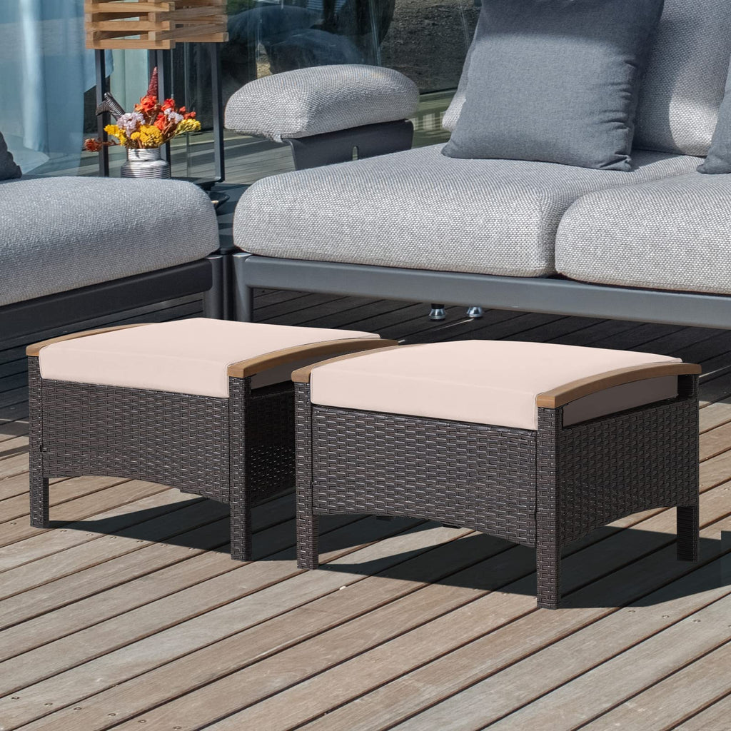 Set of 2 Outdoor Patio Ottoman PE Rattan Wicker Ottomans with Removable Cushions and Solid Acacia Wood Handle Outdoor