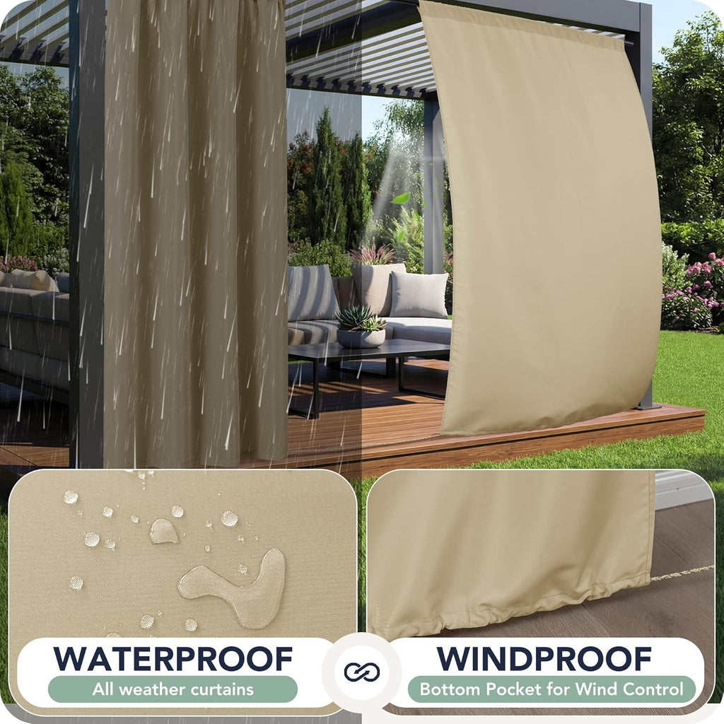 Outdoor Curtains Waterproof, 8 Panels, Rod Pocket | Weatherproof & Privacy Drapes, Outside Curtains for Gazebo