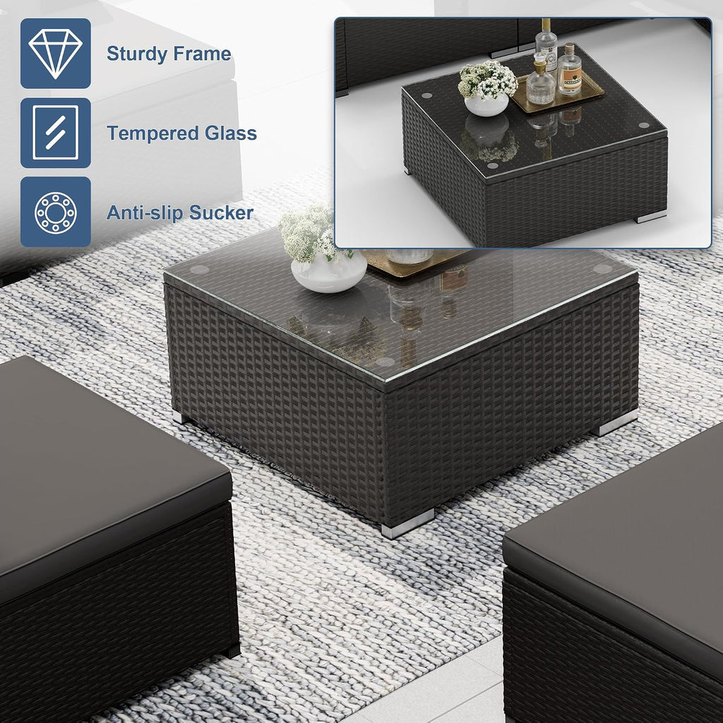 5-Piece Outdoor Patio Furniture Set, All-Weather PE Rattan Sectional Sofa with Ottoman, Glass Coffee Table &
