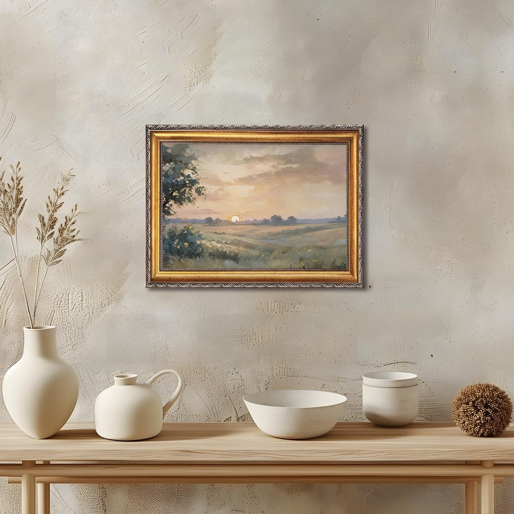 Vintage Sunset Landscape Framed Wall Art Autumn Fields Oil Painting Poster Rustic Horizontal Nature Countryside Scene