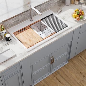 33 White Fireclay Workstation, Drop In Porcelain Ceramic 33x22 inch White Sink Ledge Accessories Above Counter Single