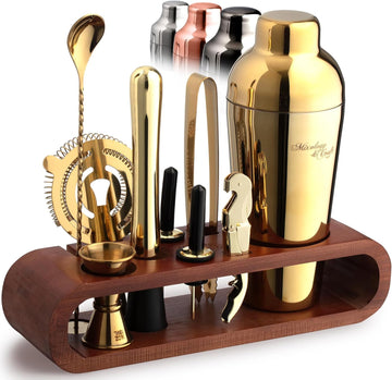 Cocktail Shaker Set with Dark Bamboo Stand - Professional 10-Piece Bartender Kit - Complete Bar Set & Cocktail Mixer