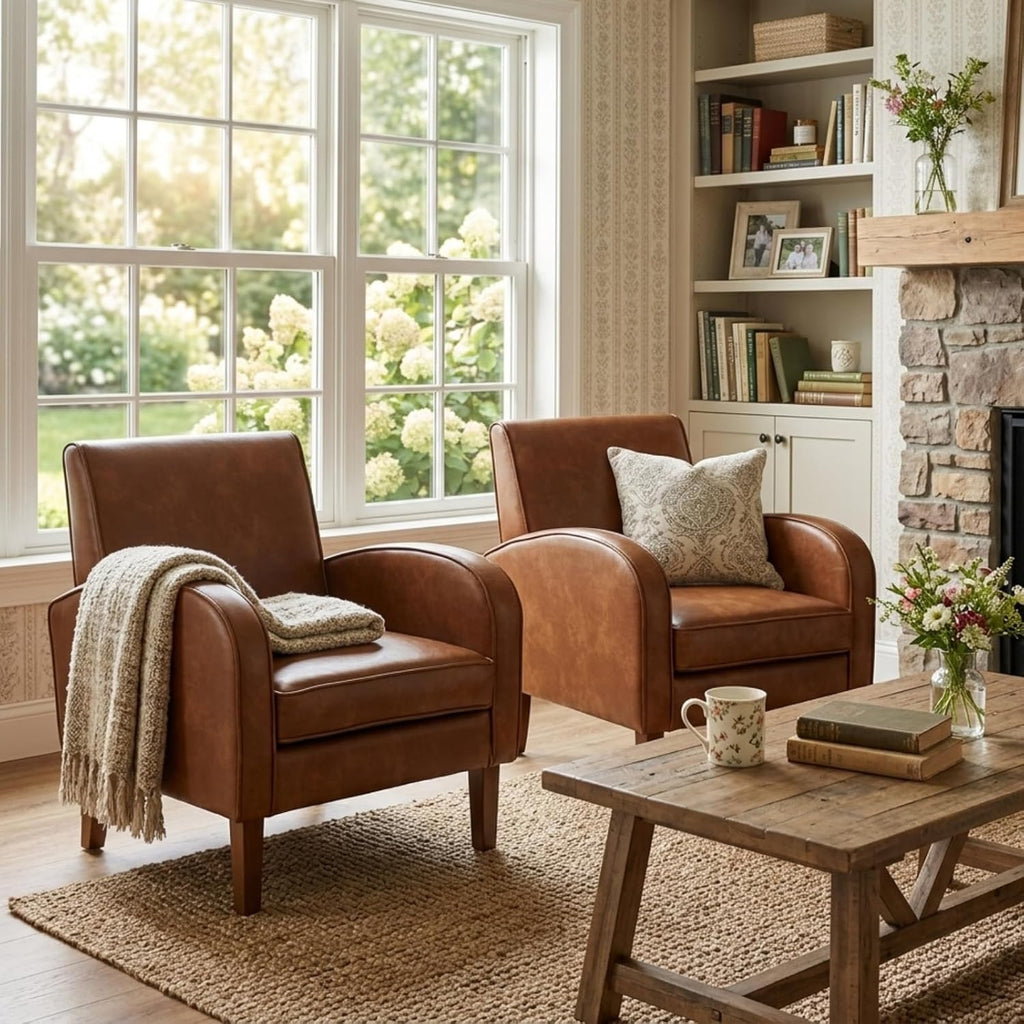 Brown PU Leather Accent Chairs, Living Room Chairs - Set of 2