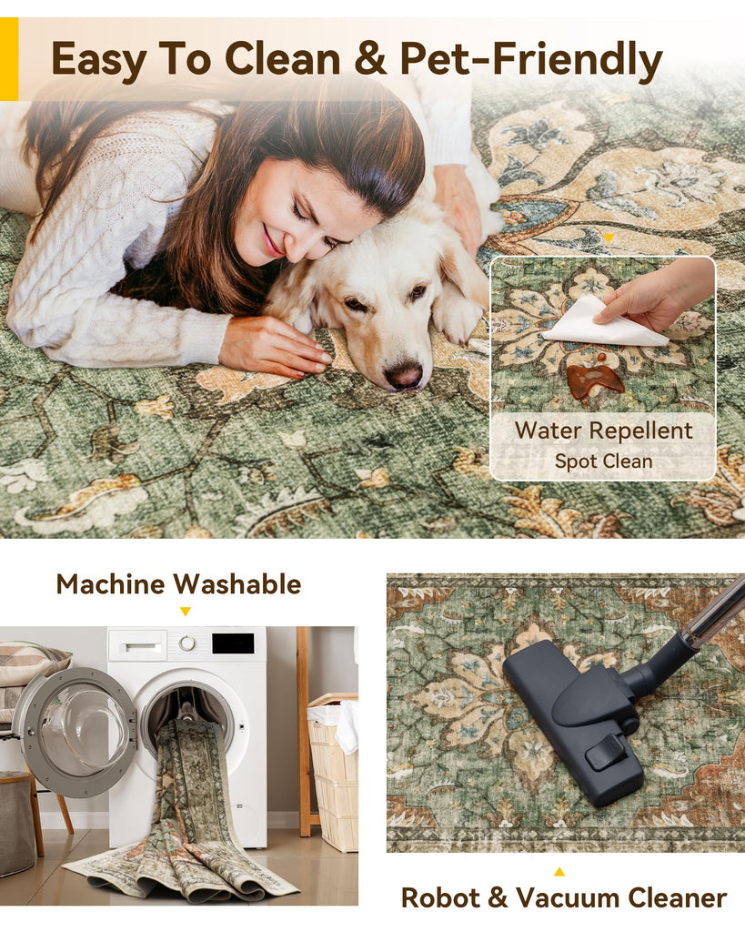 Washable Area Rug, Square 6'x6', Brick/Brown/Green