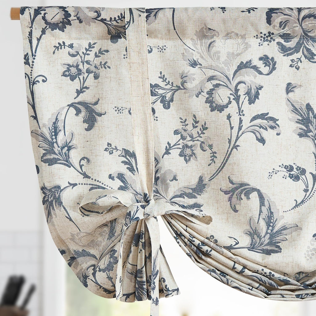 Tie Up Valance Curtain Floral Linen for Windows Farmhouse 45 Inch Damask Printed Short Window Treatment Adjustable