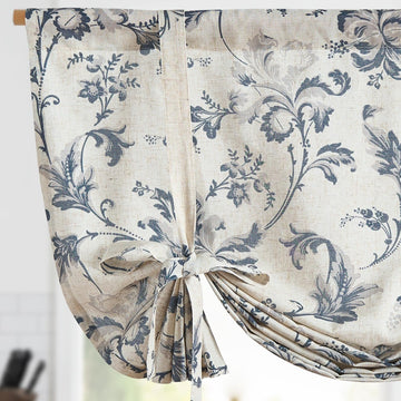 Tie Up Valance Curtain Floral Linen for Windows Farmhouse 45 Inch Damask Printed Short Window Treatment Adjustable