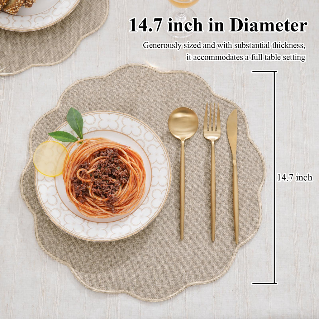 Beige Round Scalloped Placemats Set of 4 Polyester Linen Blend