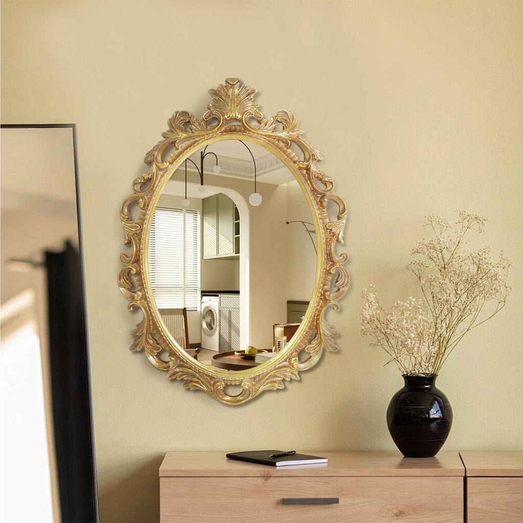 Antique Gold Oval Wall Mirror, Vintage Gothic Scroll