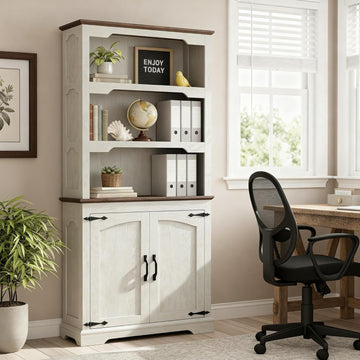 70 Inches Farmhouse Bookcase Bookshelf, Two-Tone Shelves, 5 Tier Bookshelf with Door Storage Arched Trim