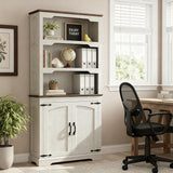 70 Inches Farmhouse Bookcase Bookshelf, Two-Tone Shelves, 5 Tier Bookshelf with Door Storage Arched Trim