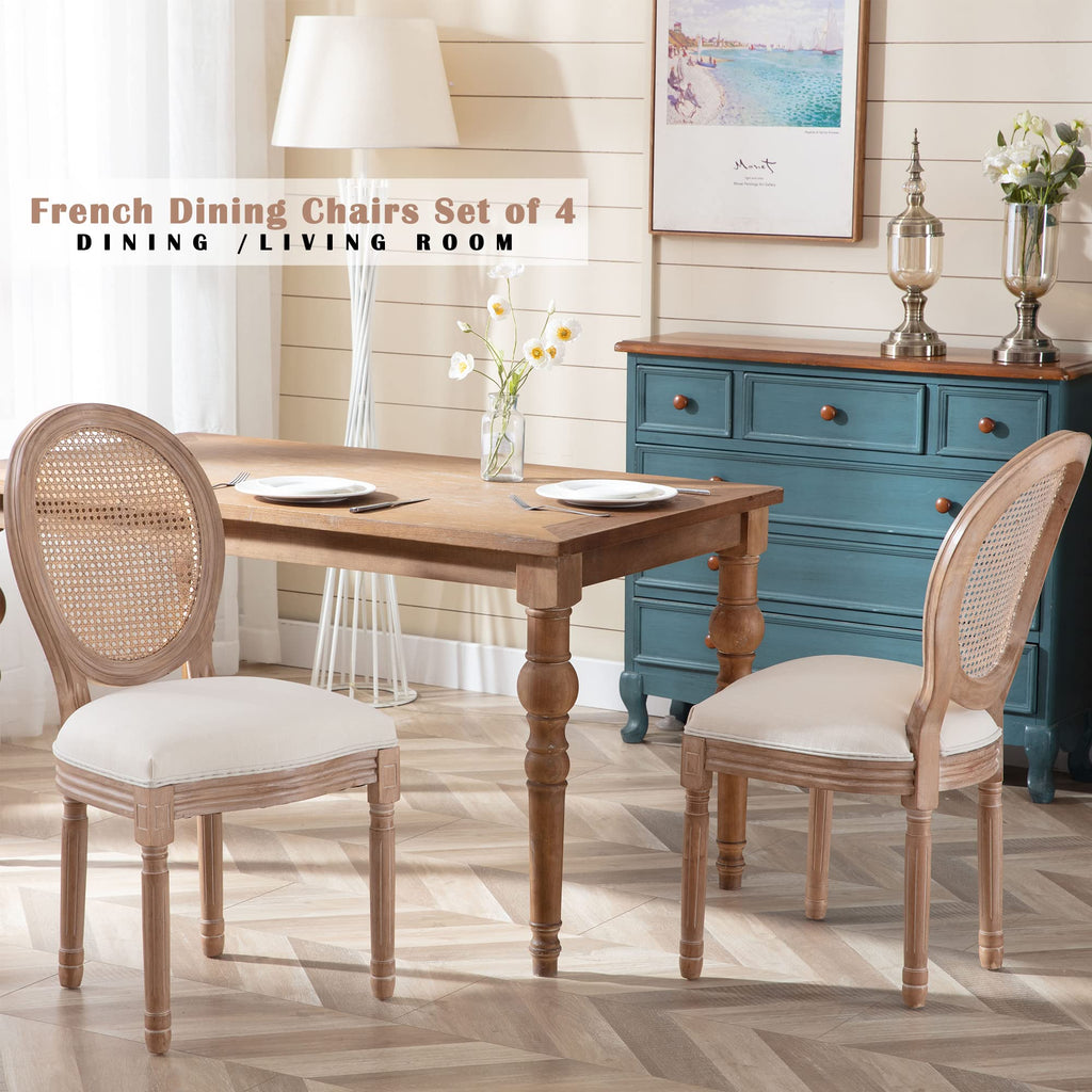 French Country Dining Chairs Set of 4, Farmhouse Fabric Chairs with Round Back, Rattan Dining Chair, Oval Side Chairs