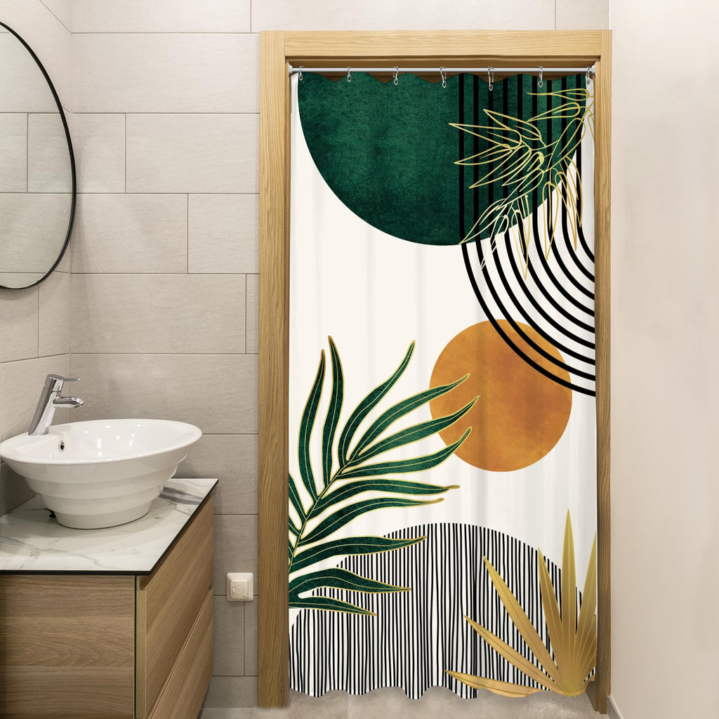 Small Stall Mid Century Green Boho Half Bathroom Shower Curtain Set