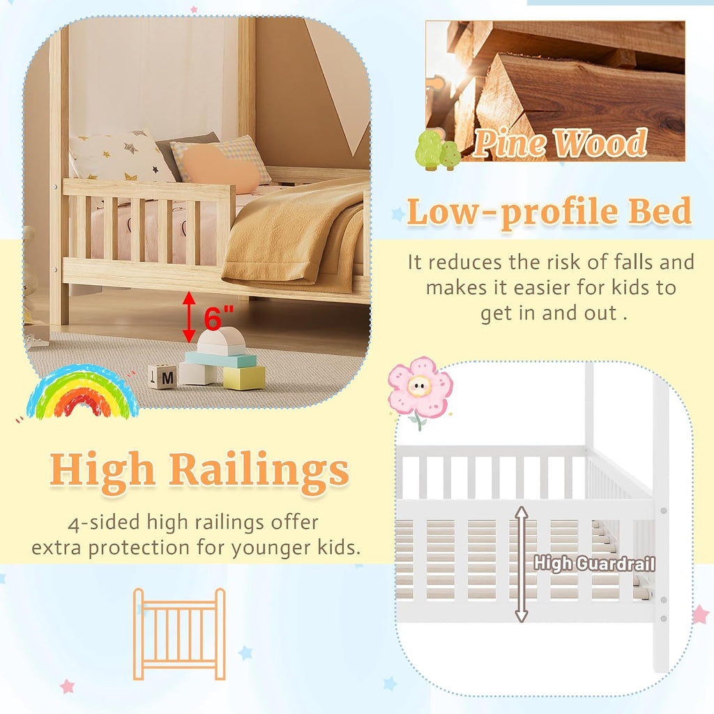 Tw Bed for Kids with High Rails, Montessori Floor Beds Twin with Roof & Canopy, Wood House Bed Frame for Boys Girls