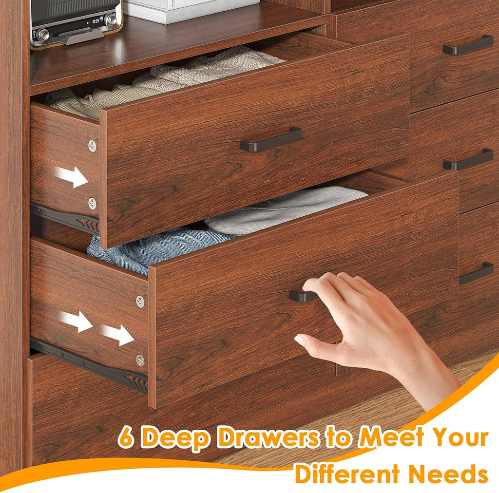 6 Drawers Dresser Wooden Drawer with Open Storage Cubby, Double Wide Dresser Organizer (Walnut Brown)