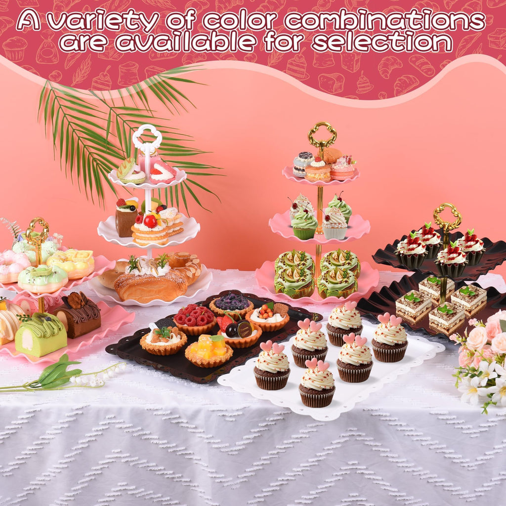 12-Pack Dessert Table Display Set, 6 Cupcake Stands and 6 Dessert Trays, Plastic Dessert Display Stands and Cake