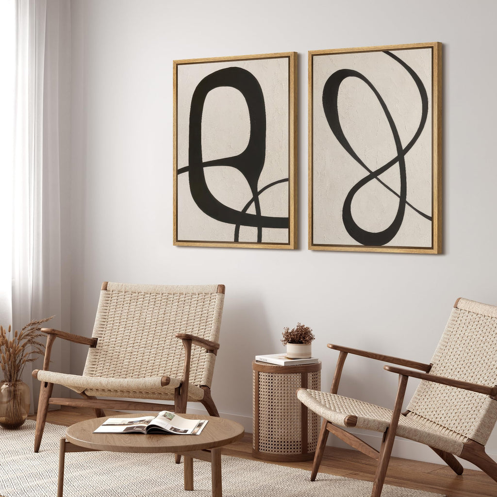 Framed Canvas Print Wall Art Set Abstract Minimalist Black Curved Line Abstract Illustration Modern Art Decorative