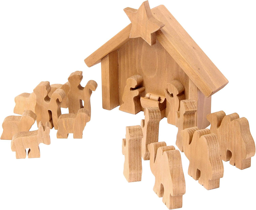 Wooden Nativity Manger Scene Set, 14 Pieces, Amish-Made in Lancaster County, Pennsylvania, Harvest Stain Finish
