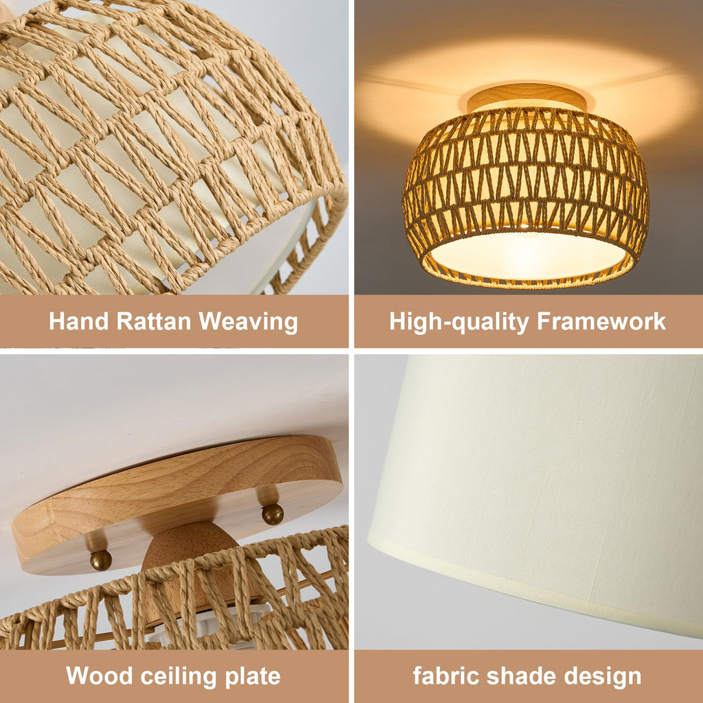 Boho Rattan Flush Mount Ceiling Lights Fixtures 12 Inch 1 Pack