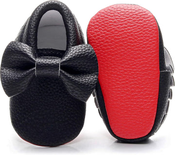 Double Bow Fringe Baby Moccasins - Soft Sole Baby Shoes Girls Toddler Crib Flats