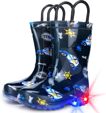 Toddler Rain Boots Boys Rain Boots - Patterns Light Up Kids Rain Boots with Easy-On Handles Lightwight Waterproof