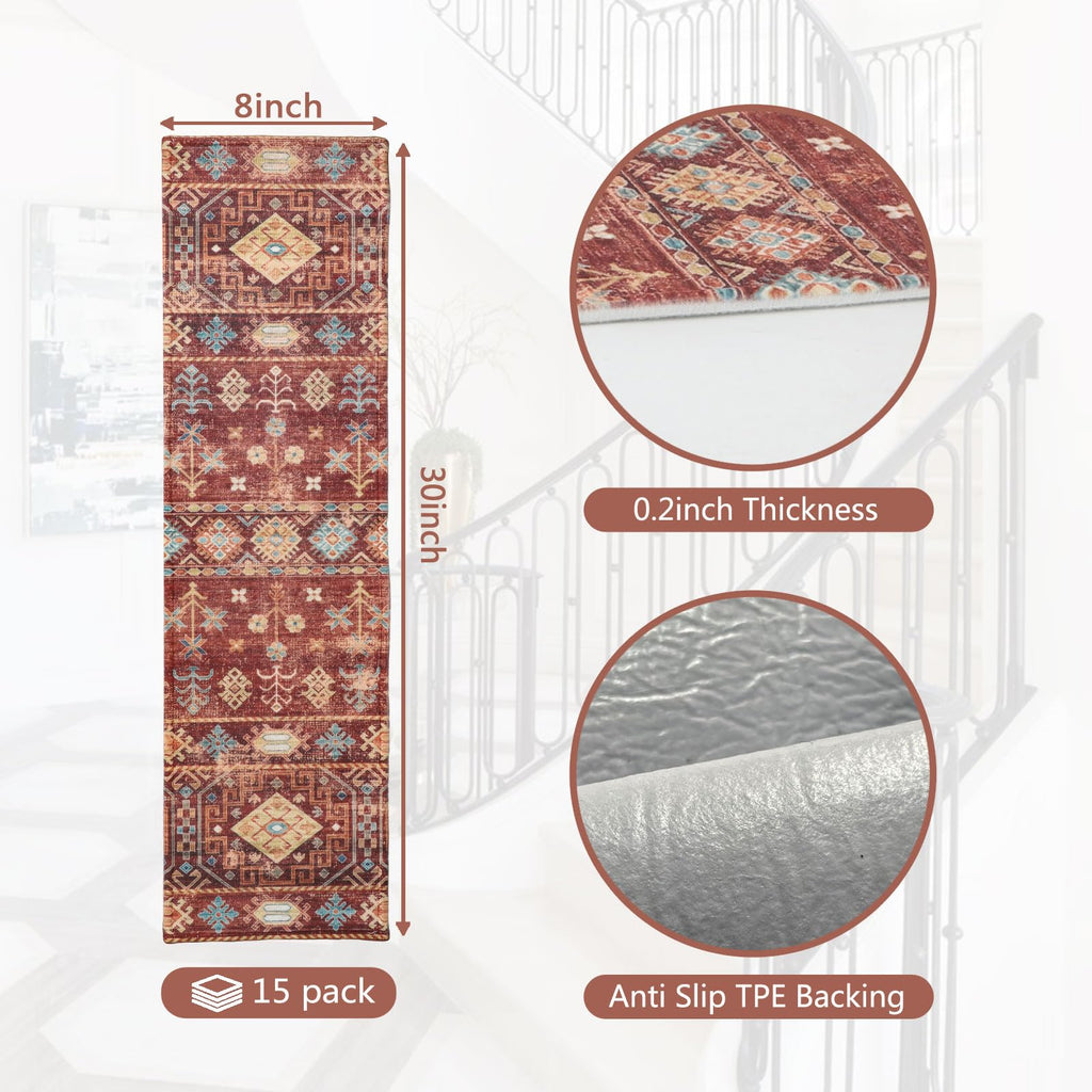 Stair Treads for Wooden Steps, Boho Brown Red, 8x30 inch, Pack of 15