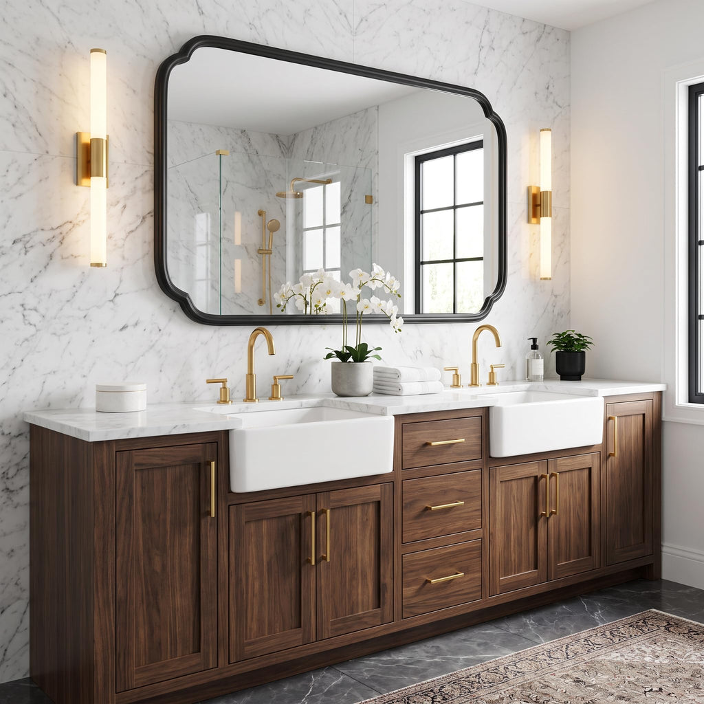 36x60 Matte Black Scalloped Bathroom Mirror Rounded Rectangle Frame,Full Length Mirror Size, Ideal for Large