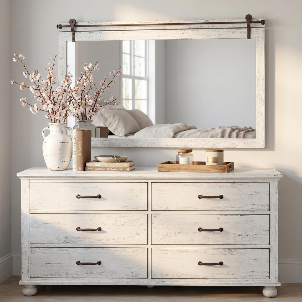27"x49" Whitewashed Coastal Barn Door Wall Mirror with Wood Header