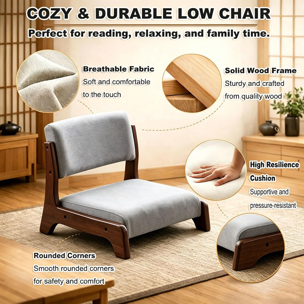 Japanese Floor Chair, Zaisu Meditation Chair, Back Support, Wood Low-Back Tatami, Soft Cushion, Portable Armless for