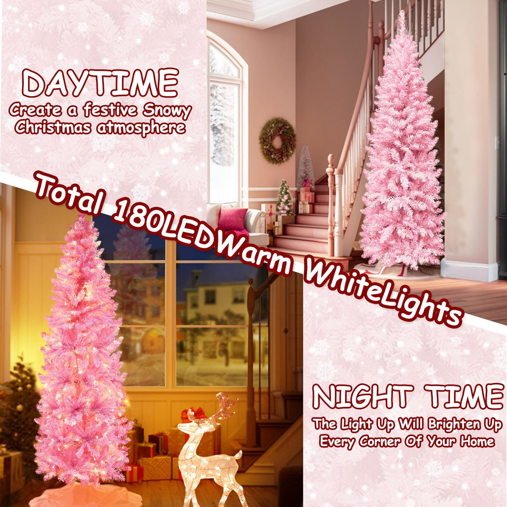 5 Ft Prelit Pink Pencil Christmas Tree with 180 Warm White LED Lights