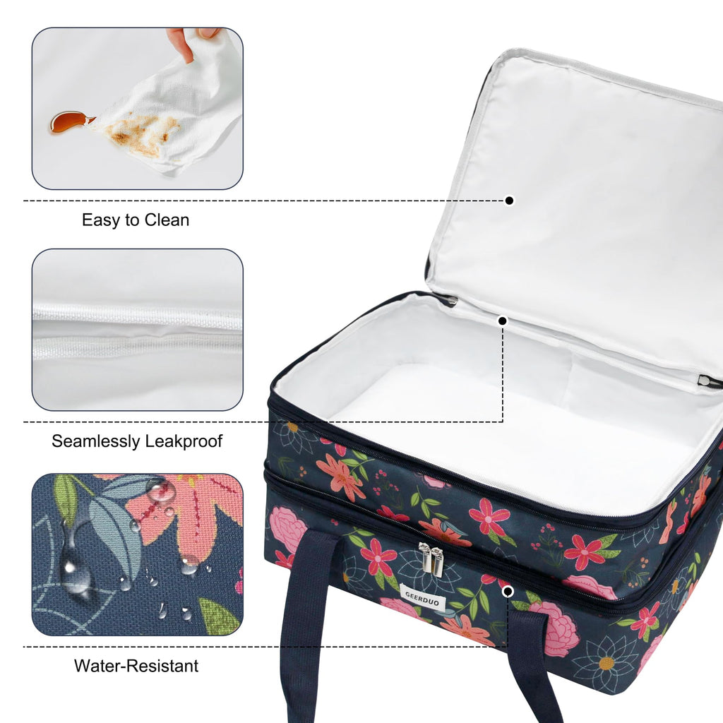 Double Decker Insulated Casserole Carrier, Expandable Thermal Food Warmer Bag Fits 9x13 Dish, Leak-Proof Potluck