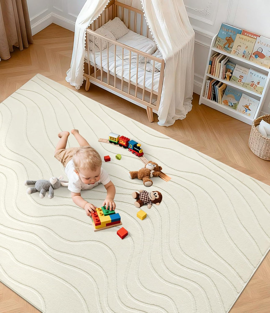 Abstract Wave Striped Area Rug, Modern Washable High-Low Pile Rug, Soft Textured Carpet, Beige Ivory White