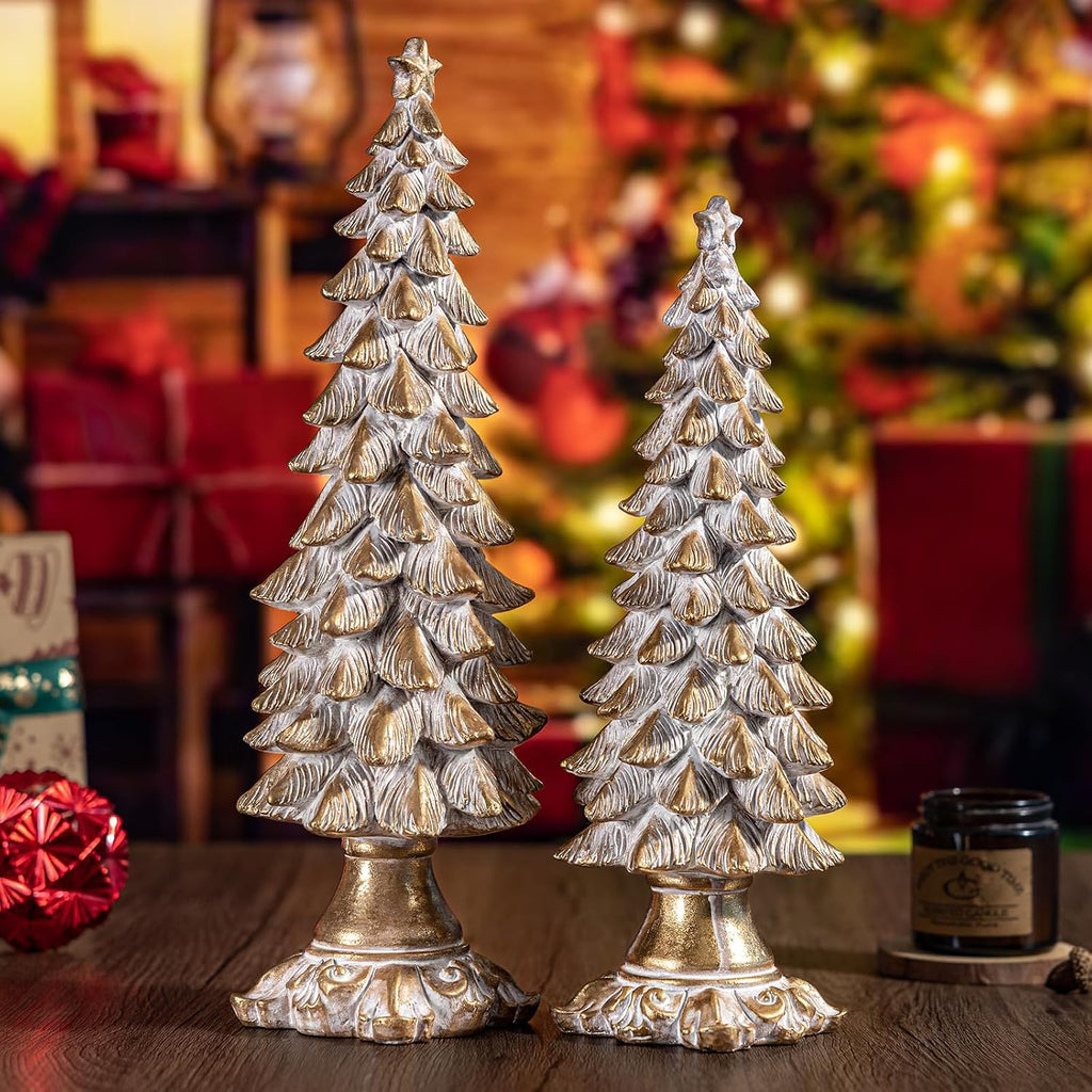 Gold Christmas Tree Figurines, Set of 2