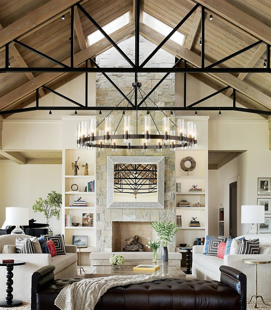 Inspired Ravelle Style 60 Inch Black Wagon Wheel Chandelier with Glass Shade, 20 Lights, Modern Farmhouse Style, Ideal for Dining Room, Kitchen, Entryways
