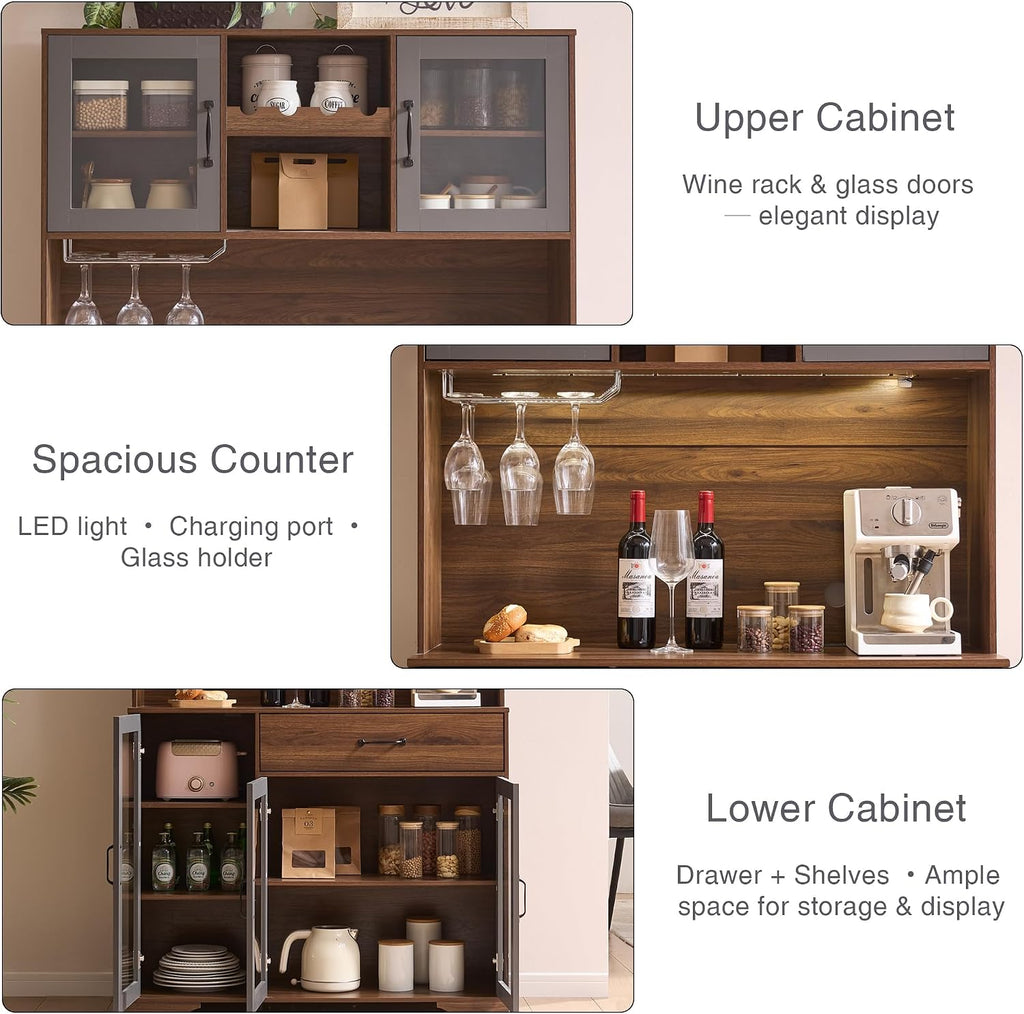 71" Tall Pantry Cabinet with Glass Doors, Kitchen Hutch Storage Cabinet, Coffee Bar & Liquor Cabinet with Charging