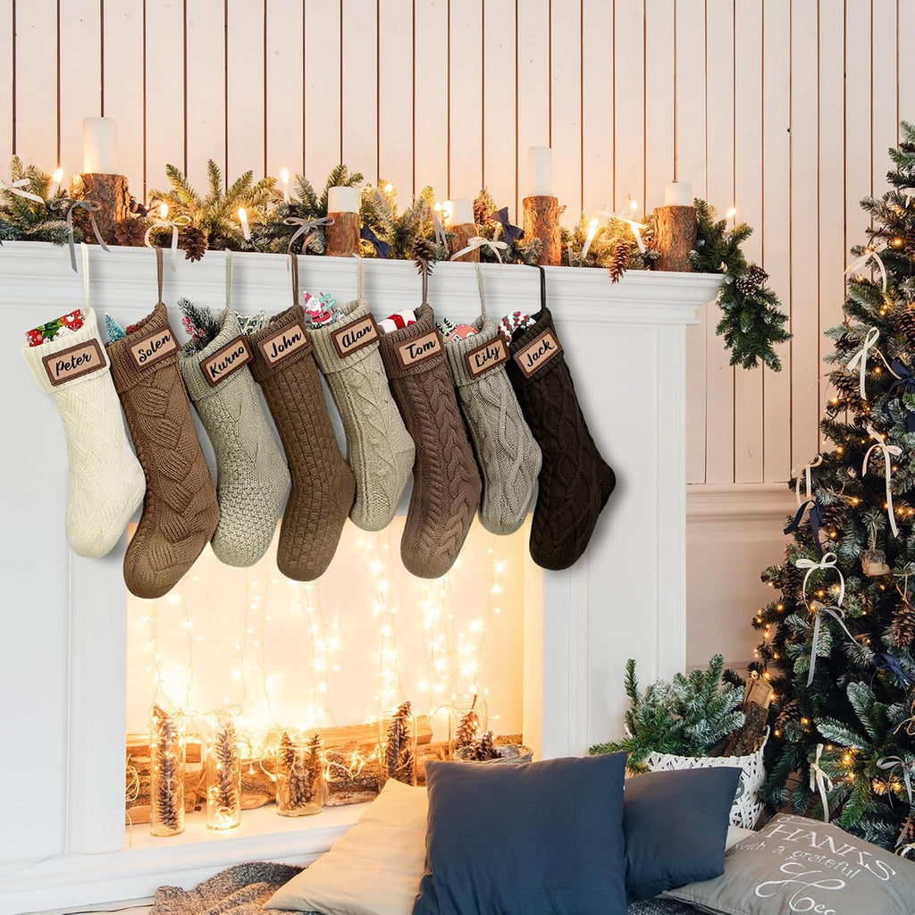 Neutral Christmas Stockings Bulk 18 inch Dark Brown Farmhouse Rustic Boho Xmas Cable Knit Fireplace Stockings - Set of 8