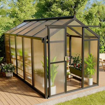6x10 FT Greenhouse, Outdoor Sliding Door, Polycarbonate Greenhouse with Aluminum Frame, Lockable Door and Ajustable