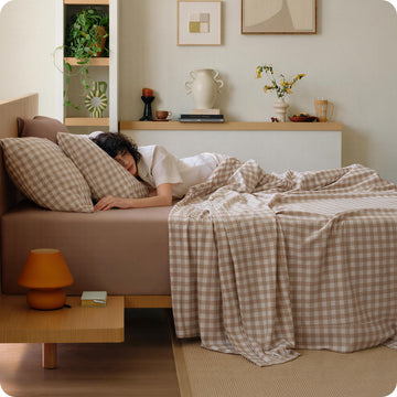 PureWoven Gingham Fall Sheets 100% Washed Cotton, Brown, 6PCS