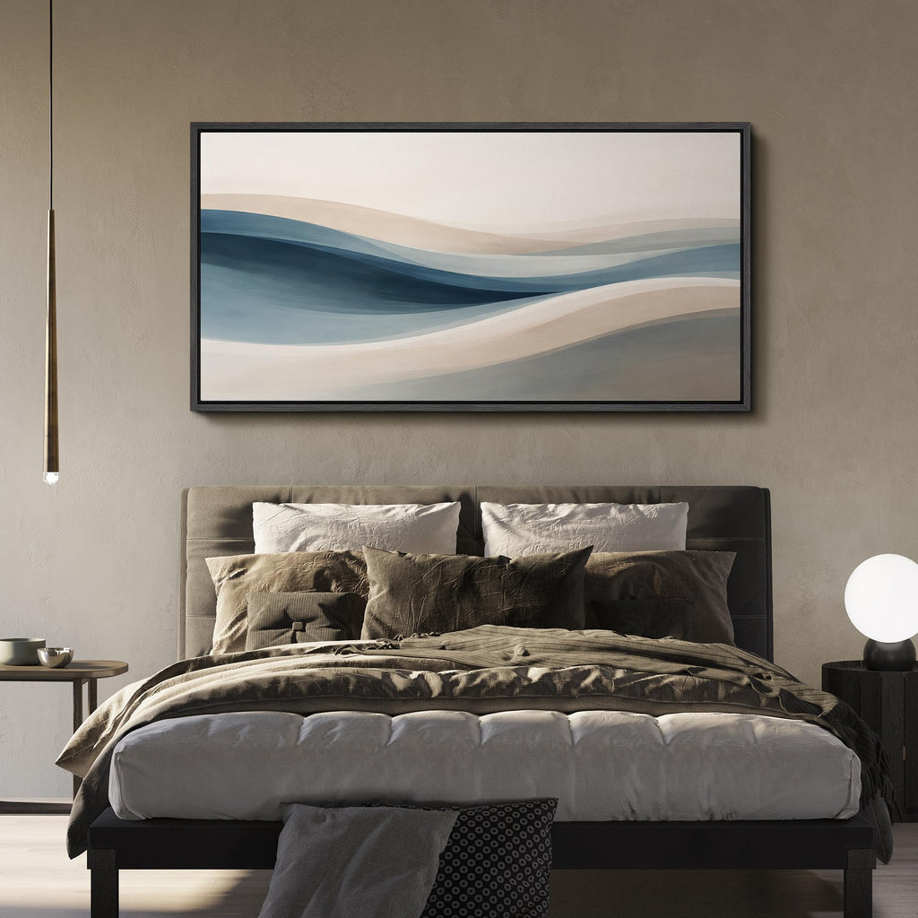 Extra Large Framed Canvas Print Wall Art Blue and Beige Abstract Wave Modern Neutral Illustrations Modern Art