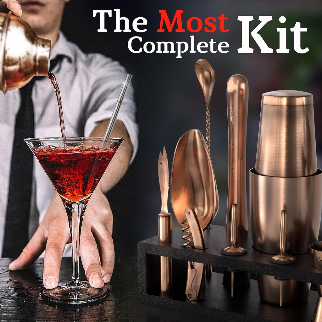 Bartender Kit with Black Bamboo Stand Beautiful Cocktail Shaker Set and Bar Tools Stainless Steel Boston Shaker - Set of 11