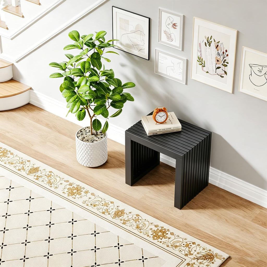 Bamboo Dining Bench, 18'' Slatted Design Entryway Bench, Black
