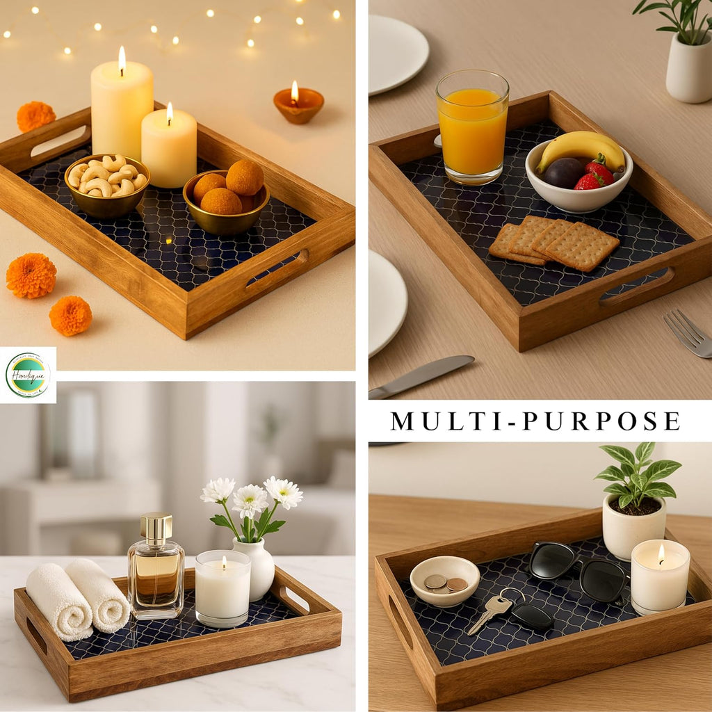 Large Wooden Designer Serving Tray with Handles & Coasters | Decorative Wood Serving Tray for Breakfast, Tea, Food &