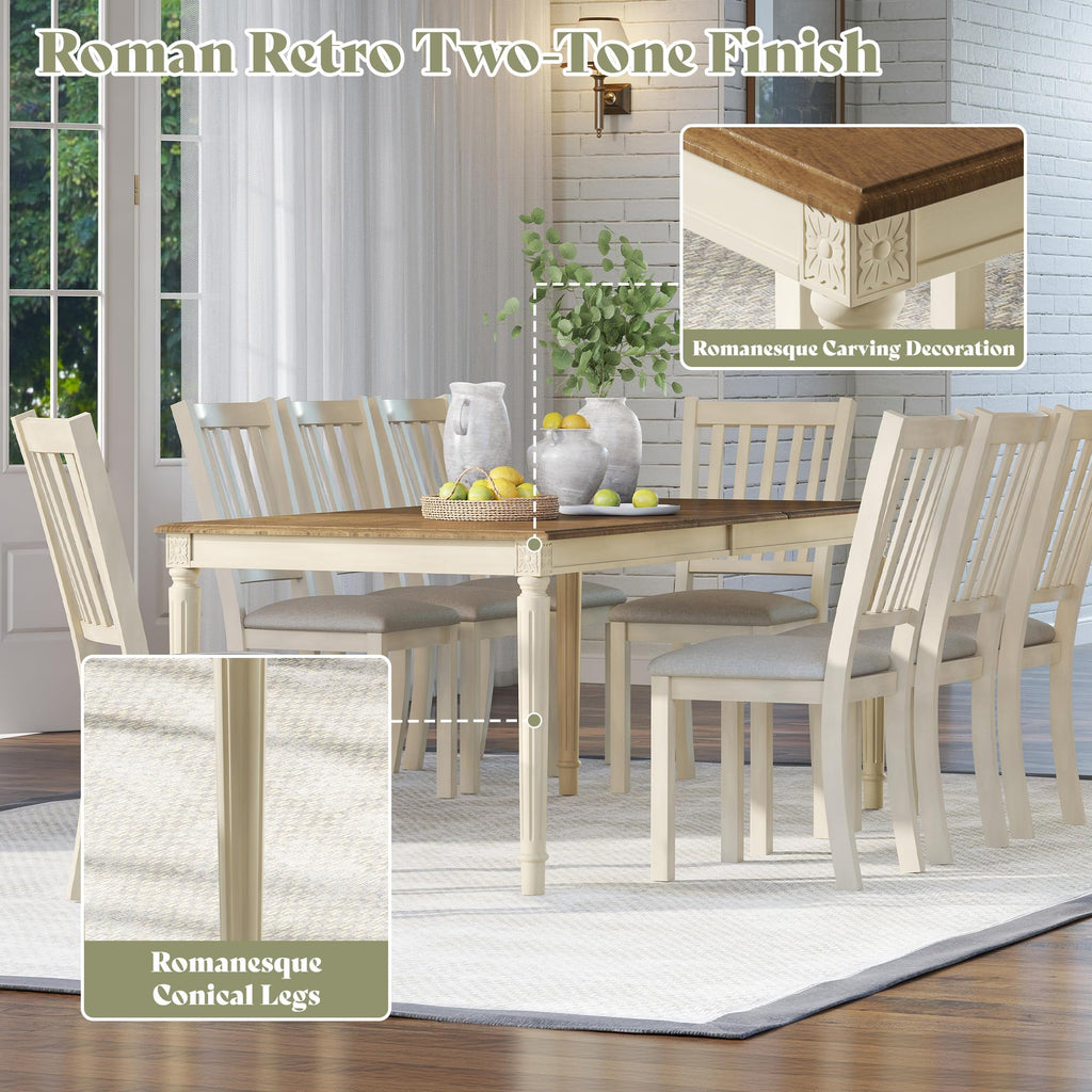 9 Piece Farmhouse Dining Table Set with 79" Table, Cream