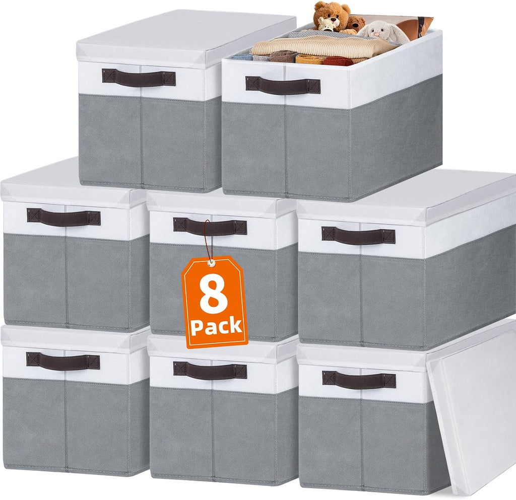 8 Pack Closet Storage Bins with Lids - Stackable Storage Baskets for Organizing Clothes Toys Blankets - Odorless for