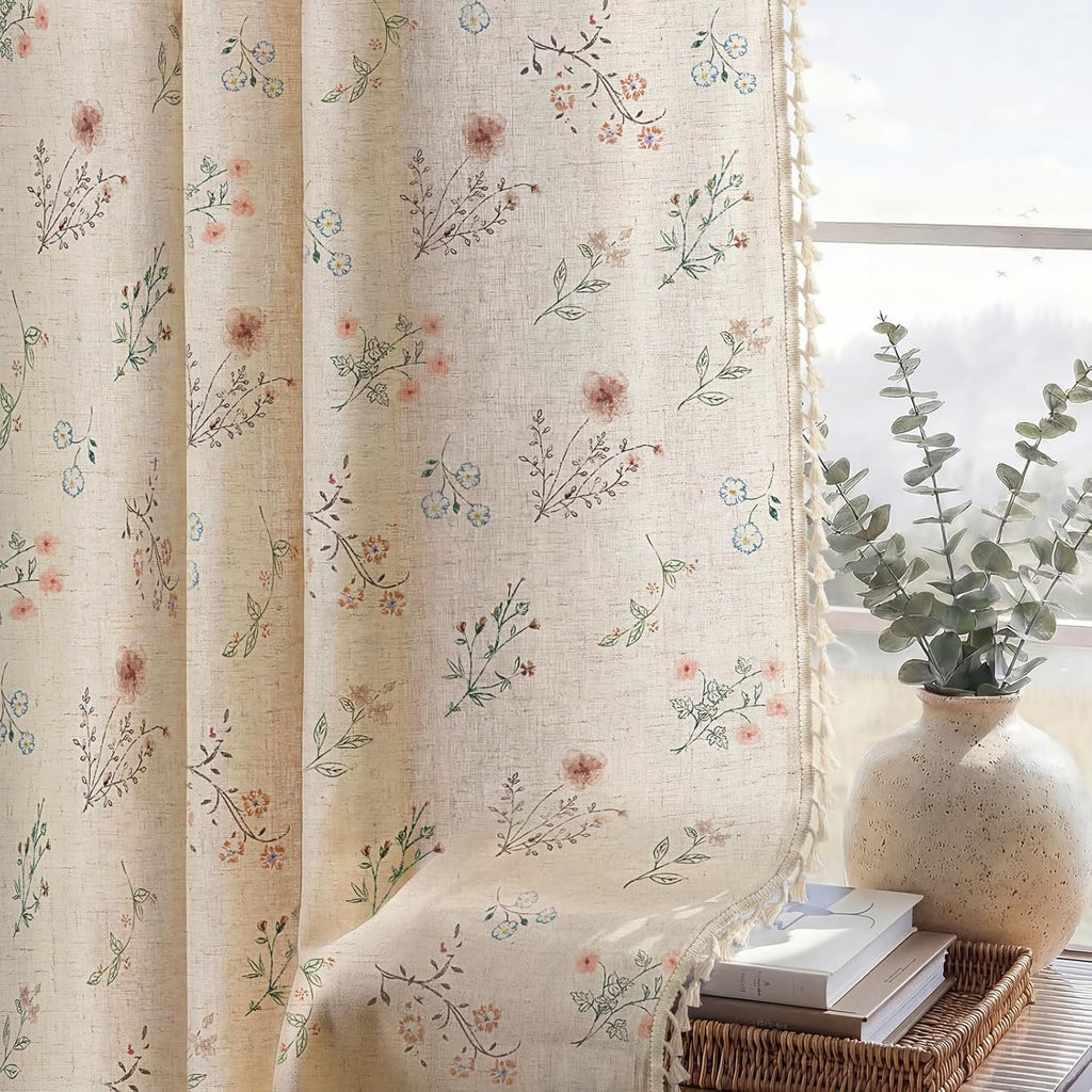 Boho Floral Spring Semi Sheer Curtains 84 Inch Length 2 Panels Set, Linen Texture Farmhouse Light Filtering Curtains