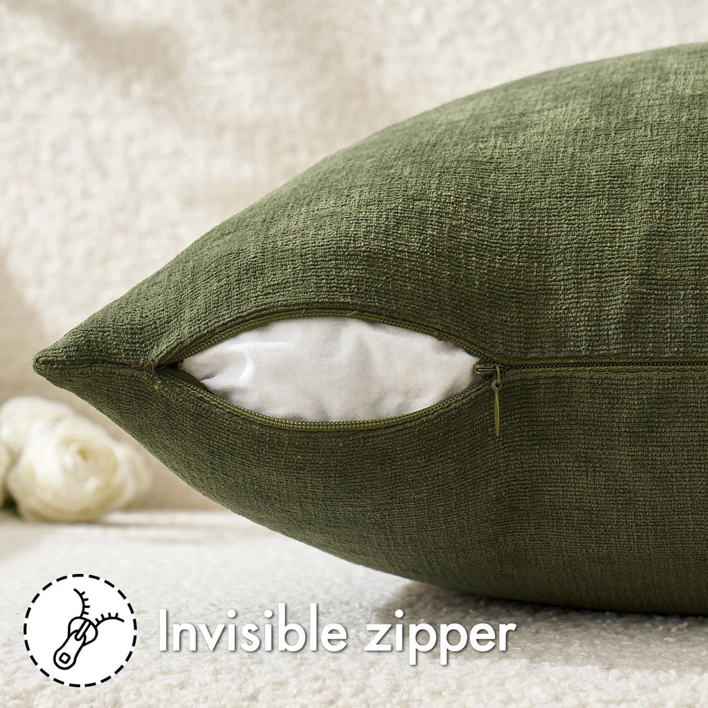 Olive Green Chenille Couch Throw Pillow Covers, 20x20