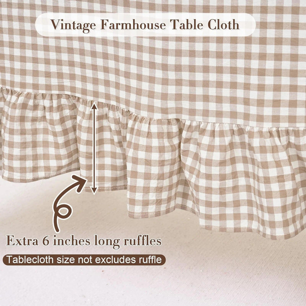Gingham Ruffled Tablecloth Brown Taupe White 60x120 New Year