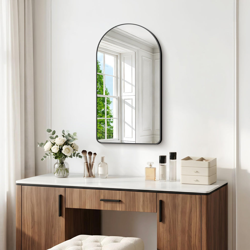 Arched Wall Mirror,22x36 inch Black Arched Mirror Bathroom,Vanity Mirror for Over Sink Metal Frame,Tempered Glass